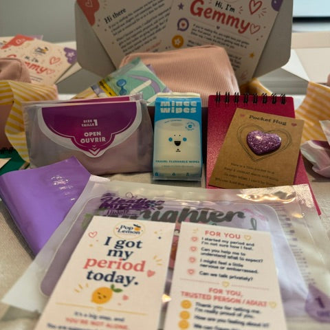 A collection of intimate health and wellness gift items: pads, wipes, a discreet bag, a notepad, a heating pack, conversation cards, a corduroy bag,  