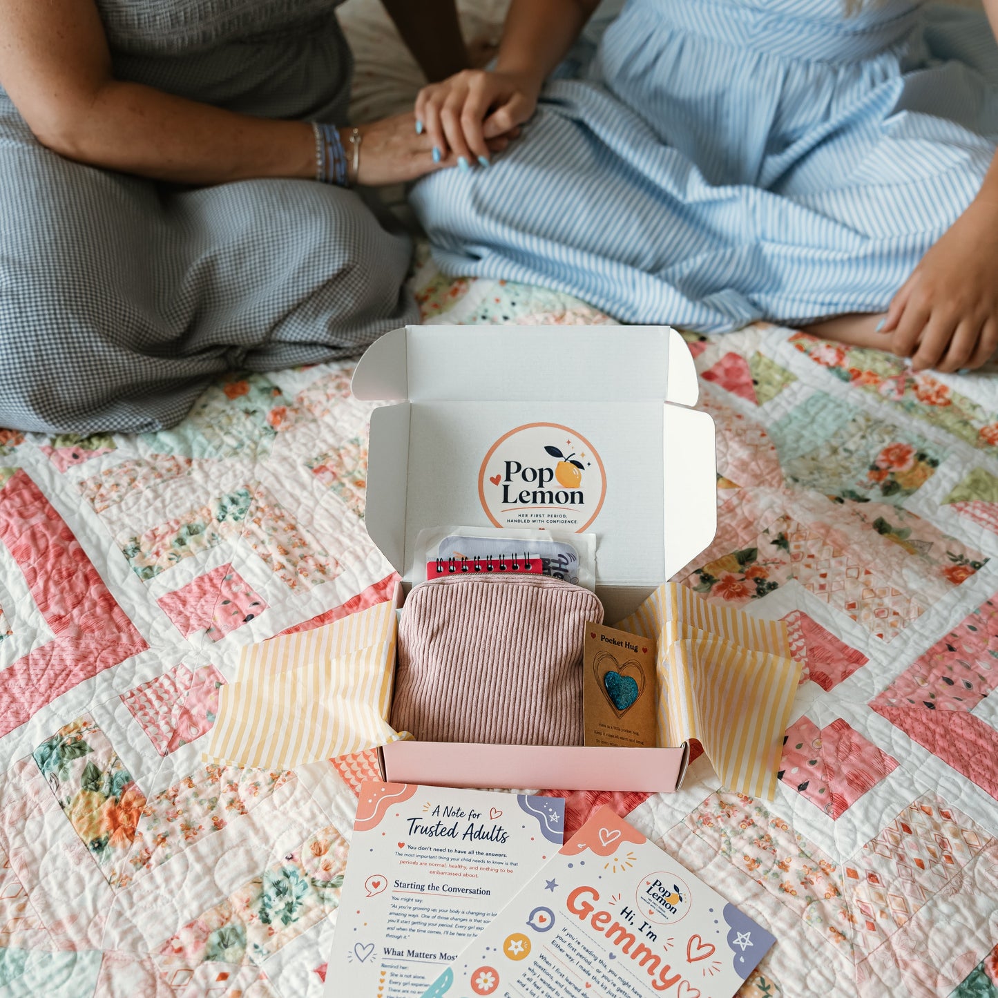 Pink corduroy period pouch included in the Pop Lemon first period kit
