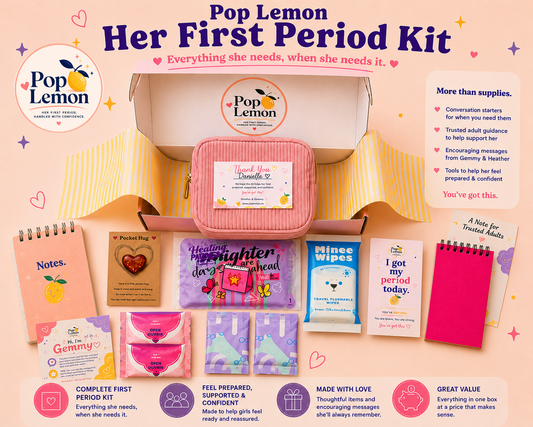 Pop Lemon first period kit with pink pouch, pads, wipes, heat pack, notes, pocket hug, and conversation cards